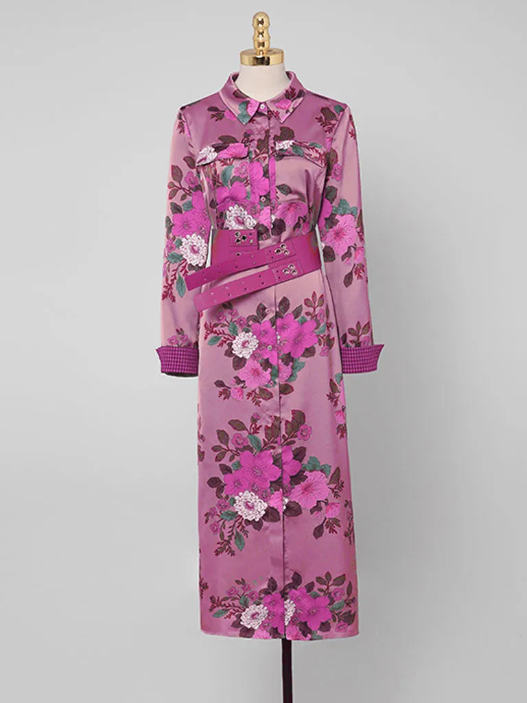 Purple Floral Print Long Sleeve 1940S Vintage Shirt Dress