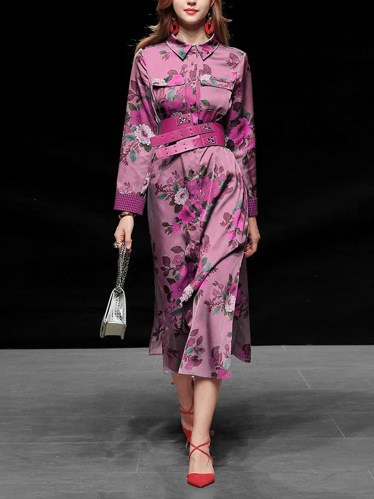 Purple Floral Print Long Sleeve 1940S Vintage Shirt Dress