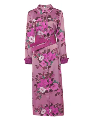 Purple Floral Print Long Sleeve 1940S Vintage Shirt Dress
