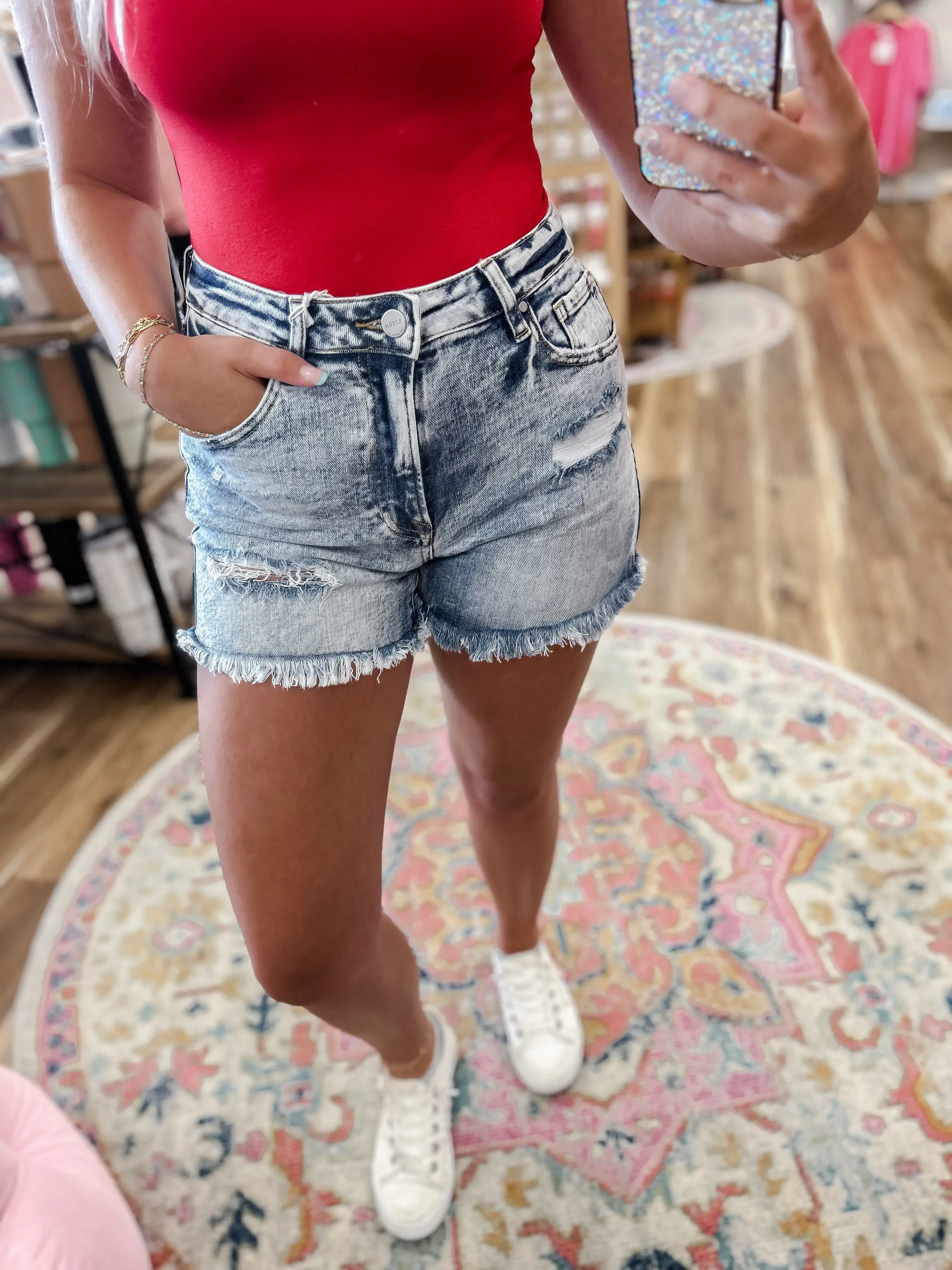 R High-Rise Acid Wash Shorts