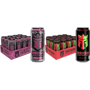 Reign Inferno Thermogenic Fuel Fitness Performance Drink 16 Fl Oz Pack of, Watermelon Warlord, (Pack of 12) and Total Body Fuel, Melon Mania, Fitness and Performance Drink, 16 Fl Oz (Pack of 12)