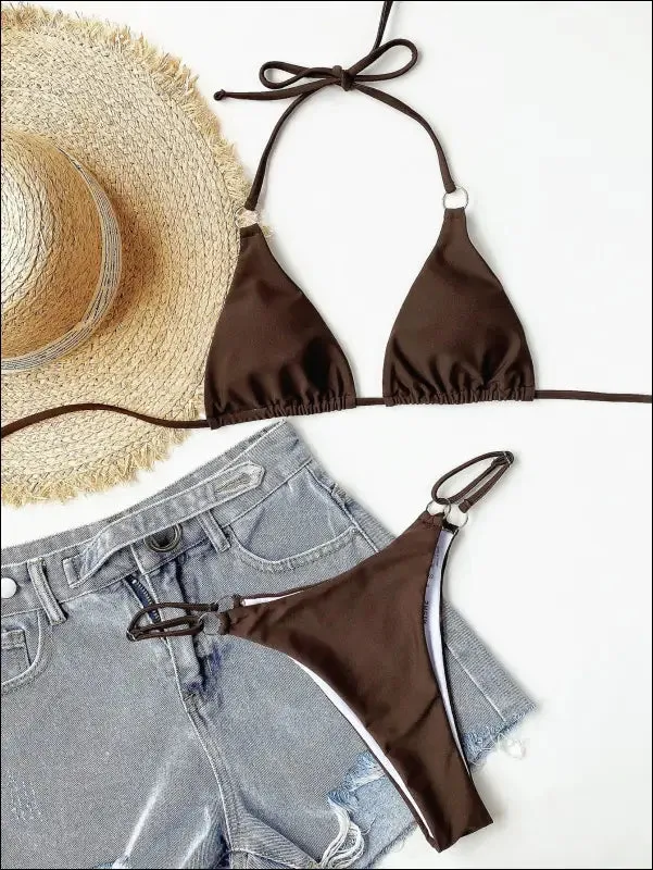 Ring linked triangle thong bikini swimsuit