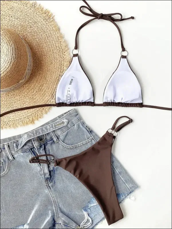 Ring linked triangle thong bikini swimsuit