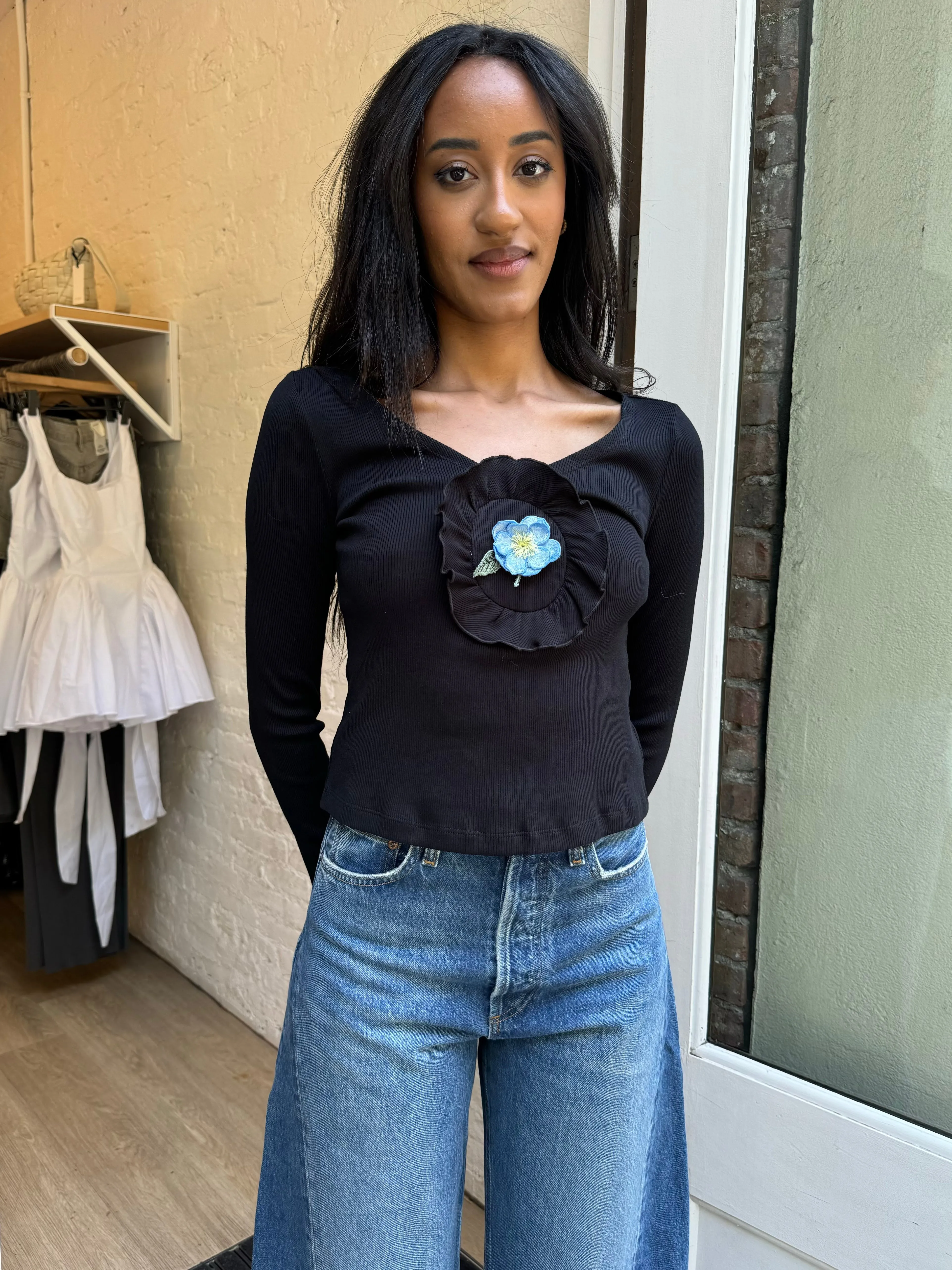 Sandra Rib Jersey Top in Black