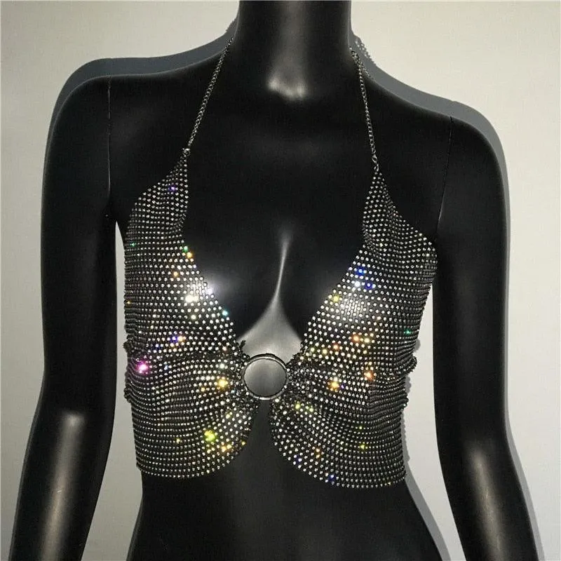 Sexy See Through Halter Shiny Metal Round Ring Backless Low Cut Crop Top