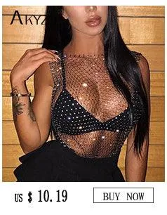 Sexy See Through Halter Shiny Metal Round Ring Backless Low Cut Crop Top