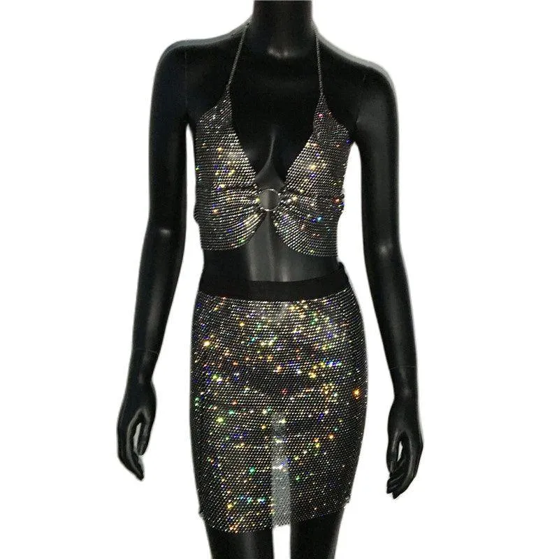 Sexy See Through Halter Shiny Metal Round Ring Backless Low Cut Crop Top