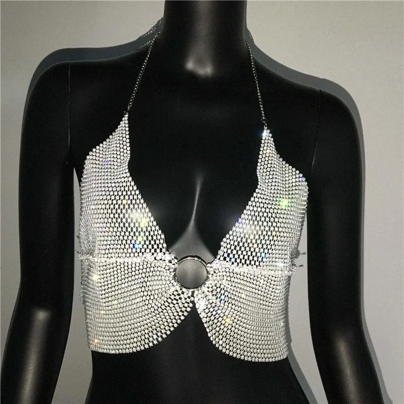 Sexy See Through Halter Shiny Metal Round Ring Backless Low Cut Crop Top