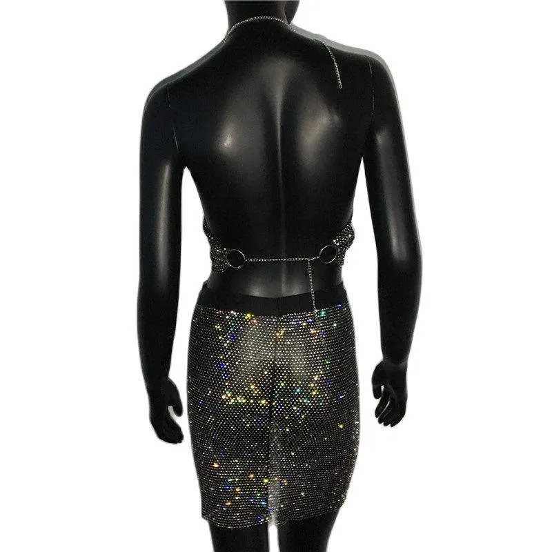 Sexy See Through Halter Shiny Metal Round Ring Backless Low Cut Crop Top