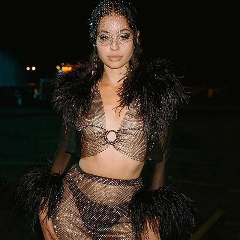Sexy See Through Halter Shiny Metal Round Ring Backless Low Cut Crop Top