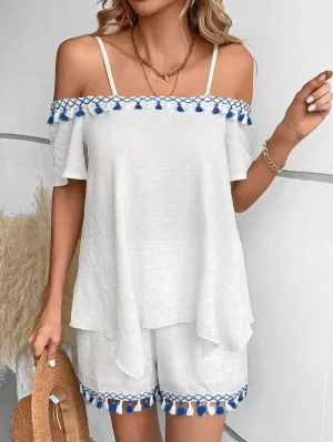 SHEIN VCAY Contrast Tassel Trim Cold Shoulder Top & Shorts