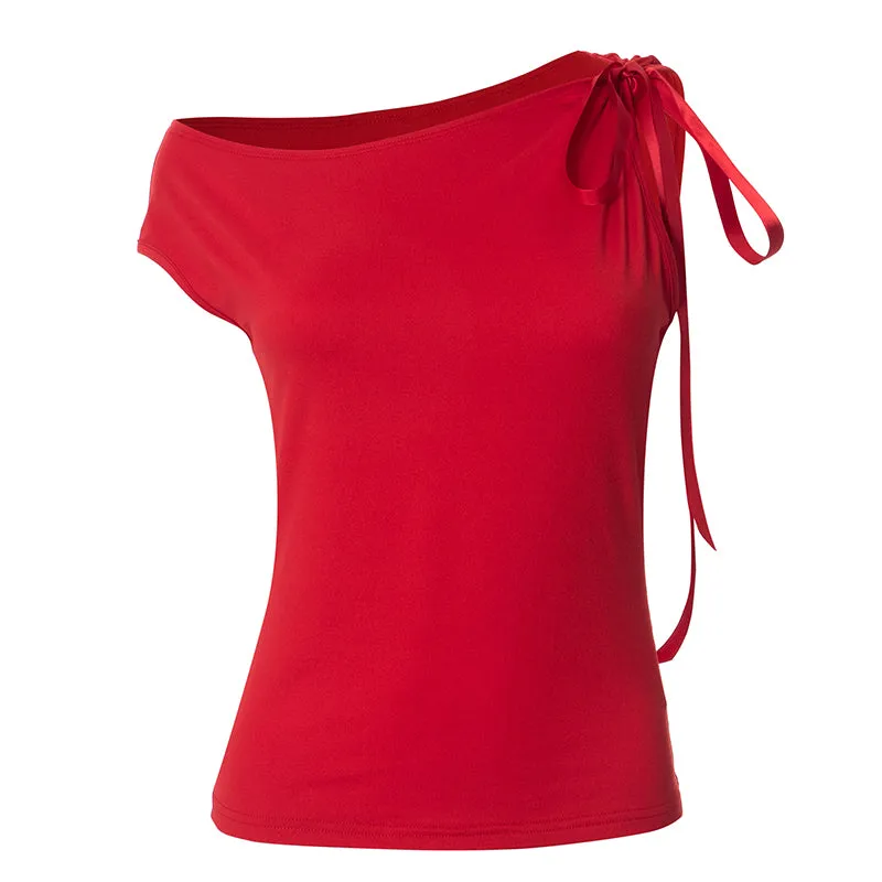 Slash Neck Lace up Slim Fit Cropped Tops