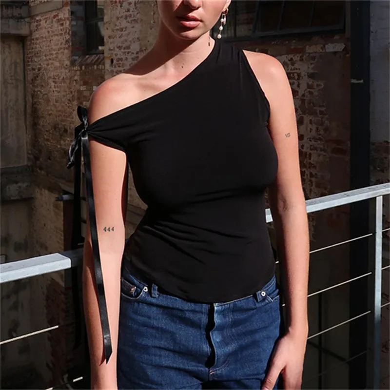 Slash Neck Lace up Slim Fit Cropped Tops