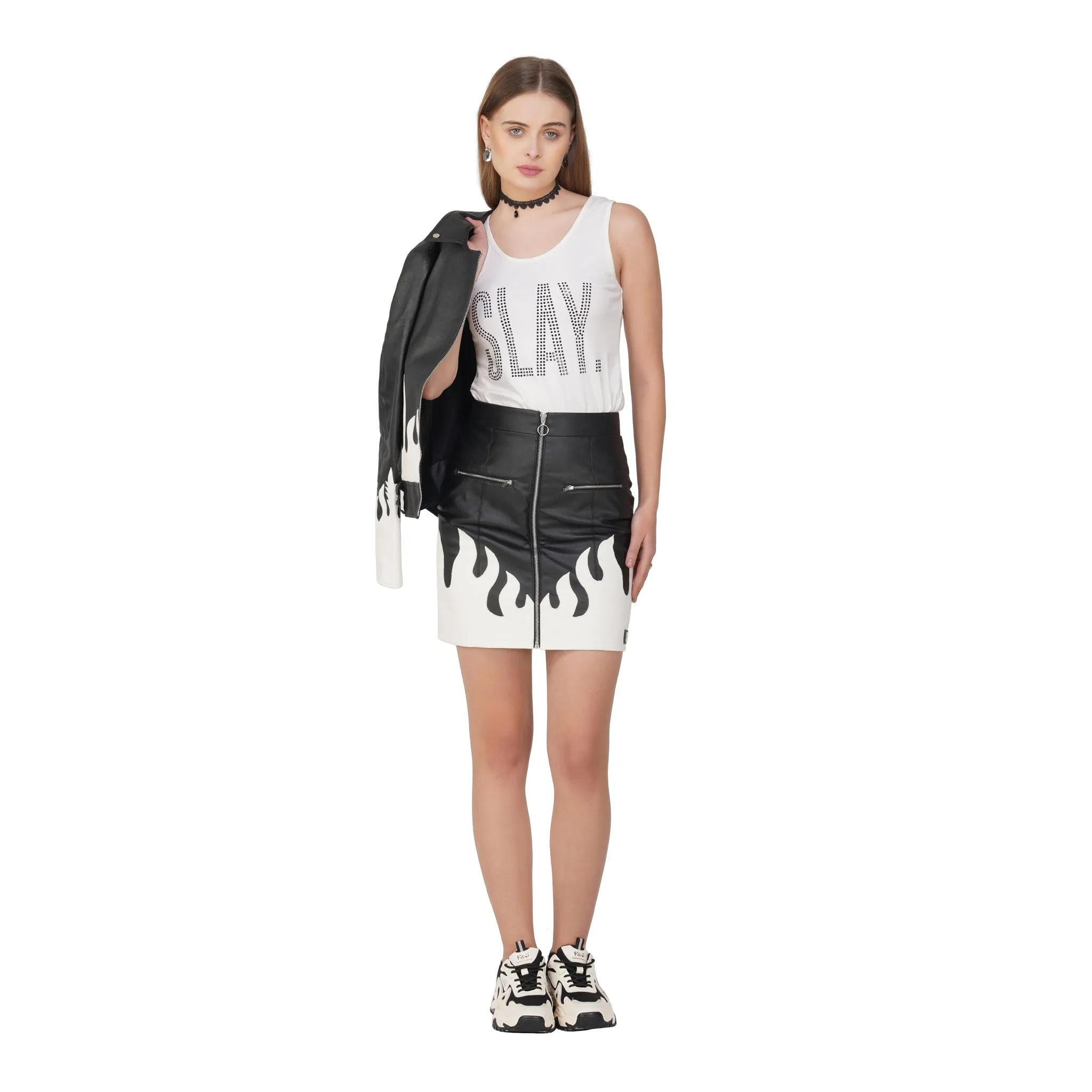 SLAY. Women's Black Crystal Embellished White Tank Top