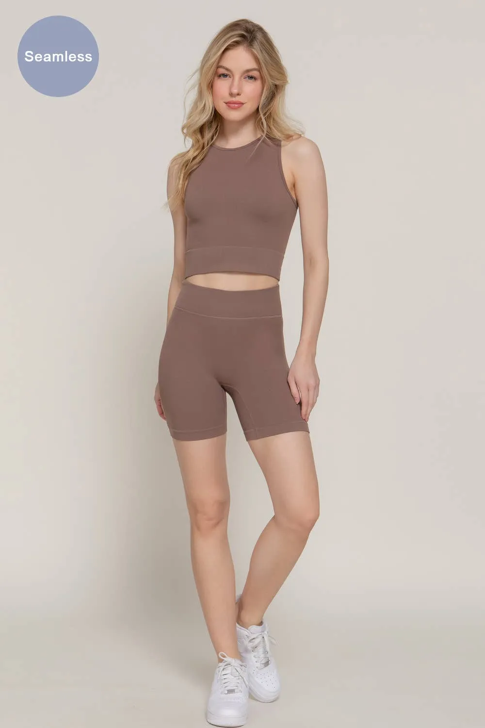 Sleeveless Crew Neck Top & Bier Shorts Seamless Rib Set