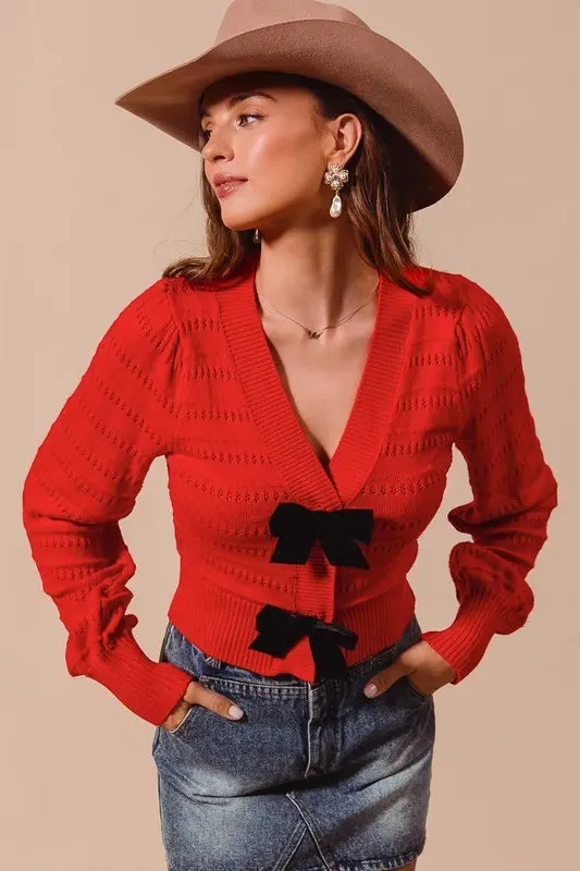 SO ME Contrast Bow Front Sweater Cardigan