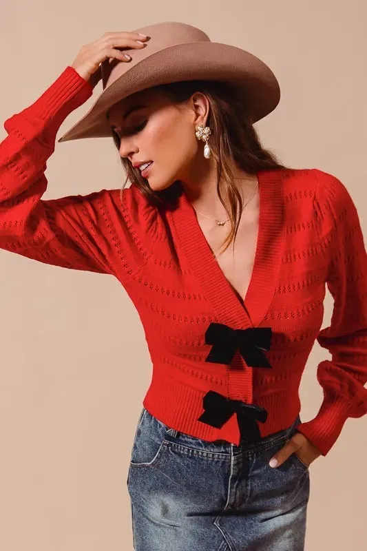 SO ME Contrast Bow Front Sweater Cardigan