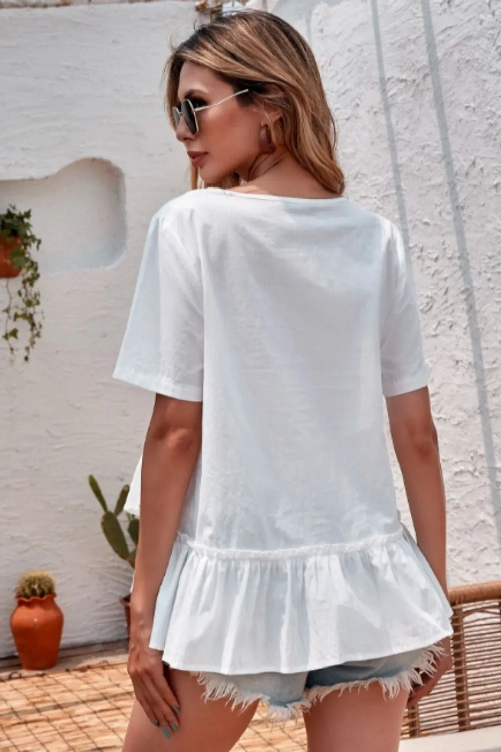Solid Frill Trim Asymmetrical Babydoll Blouse