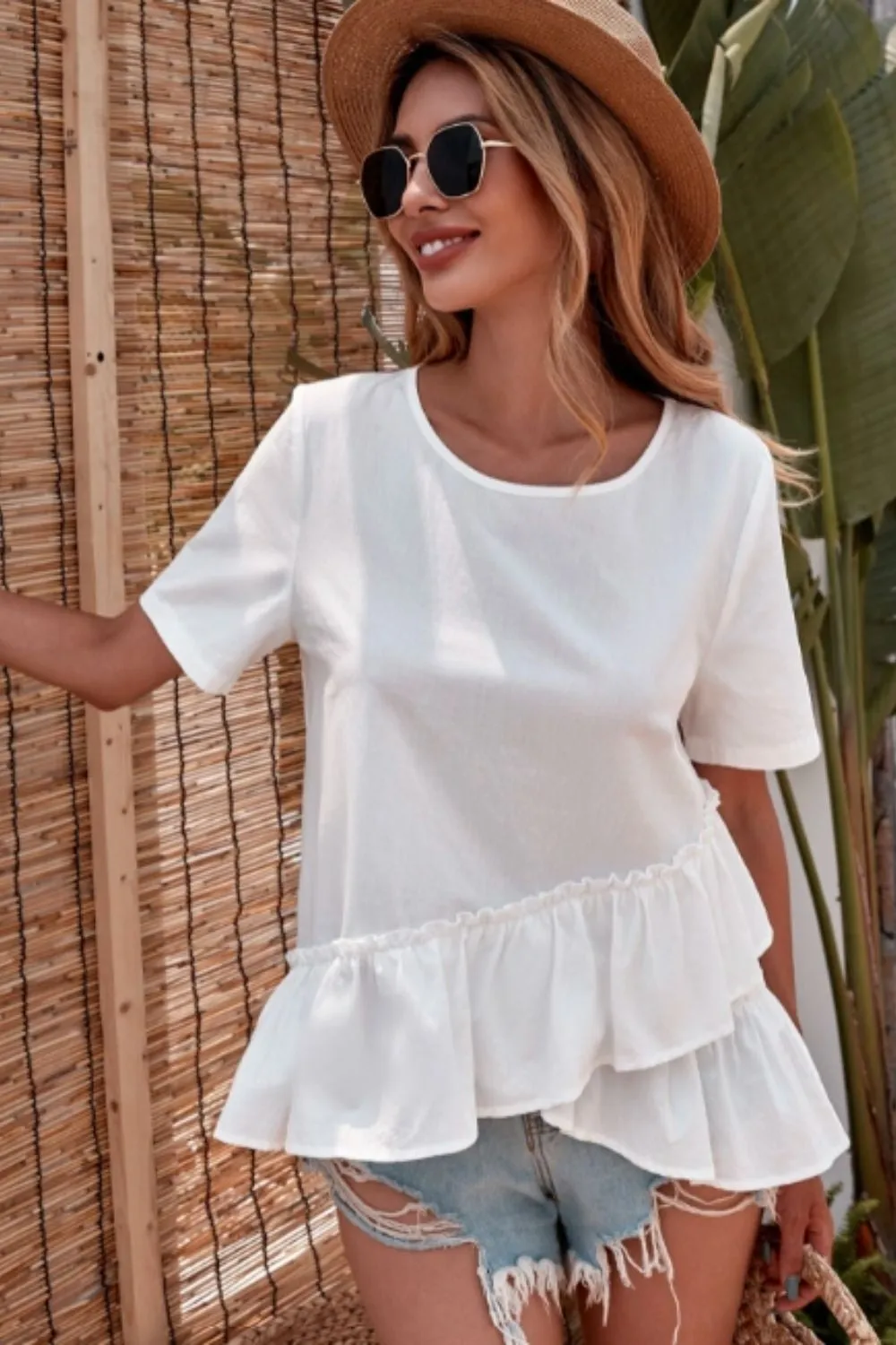 Solid Frill Trim Asymmetrical Babydoll Blouse