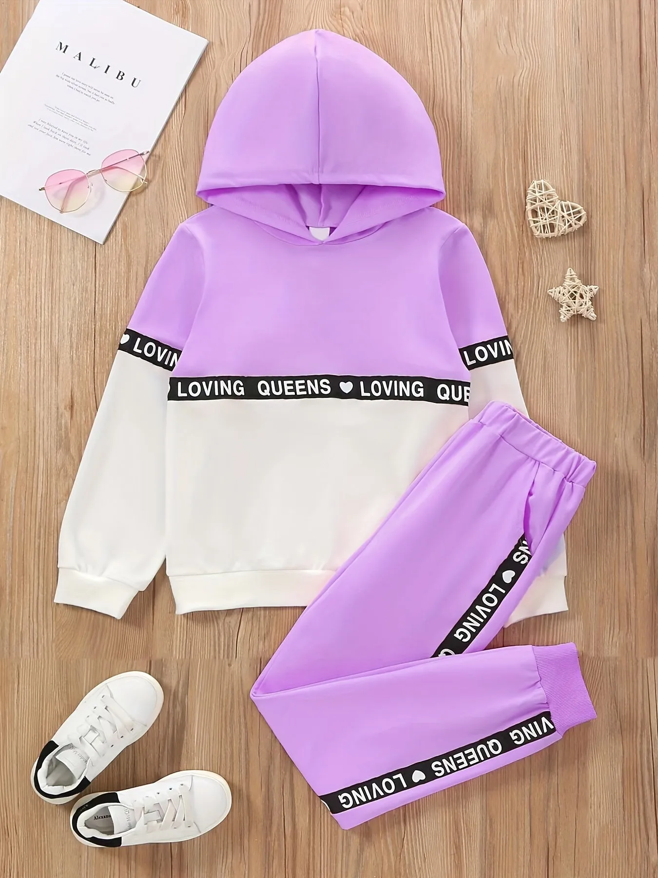 Sporty Girls Printed Hoodie  Sweatpants Set