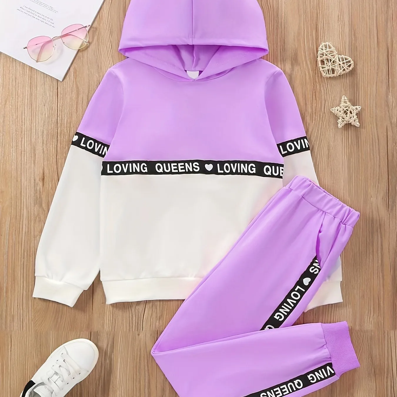 Sporty Girls Printed Hoodie  Sweatpants Set