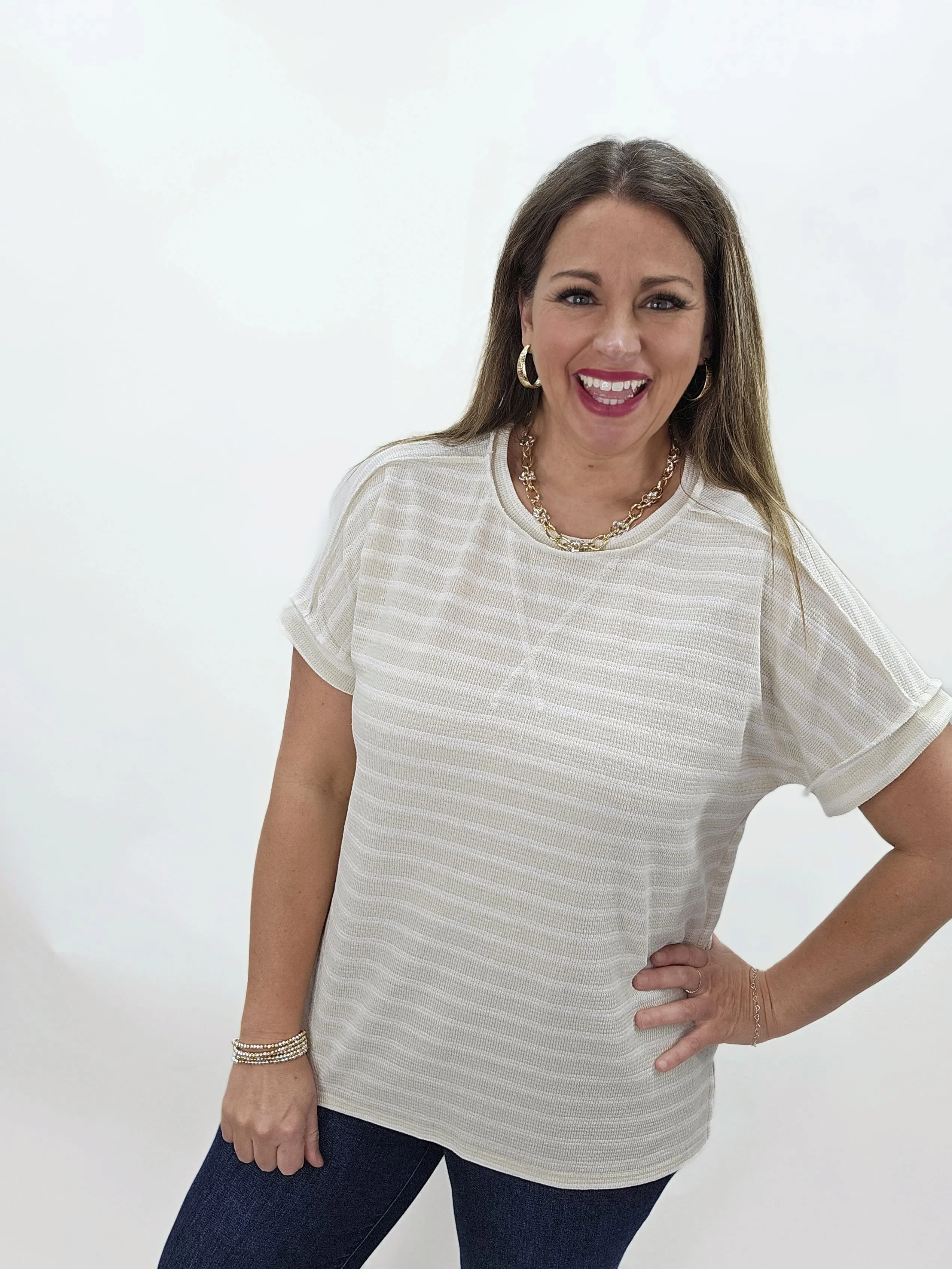 TAUPE STRIPED KNIT DROP SHOULDER SHORT SLEEVE TOP