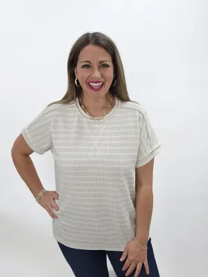 TAUPE STRIPED KNIT DROP SHOULDER SHORT SLEEVE TOP