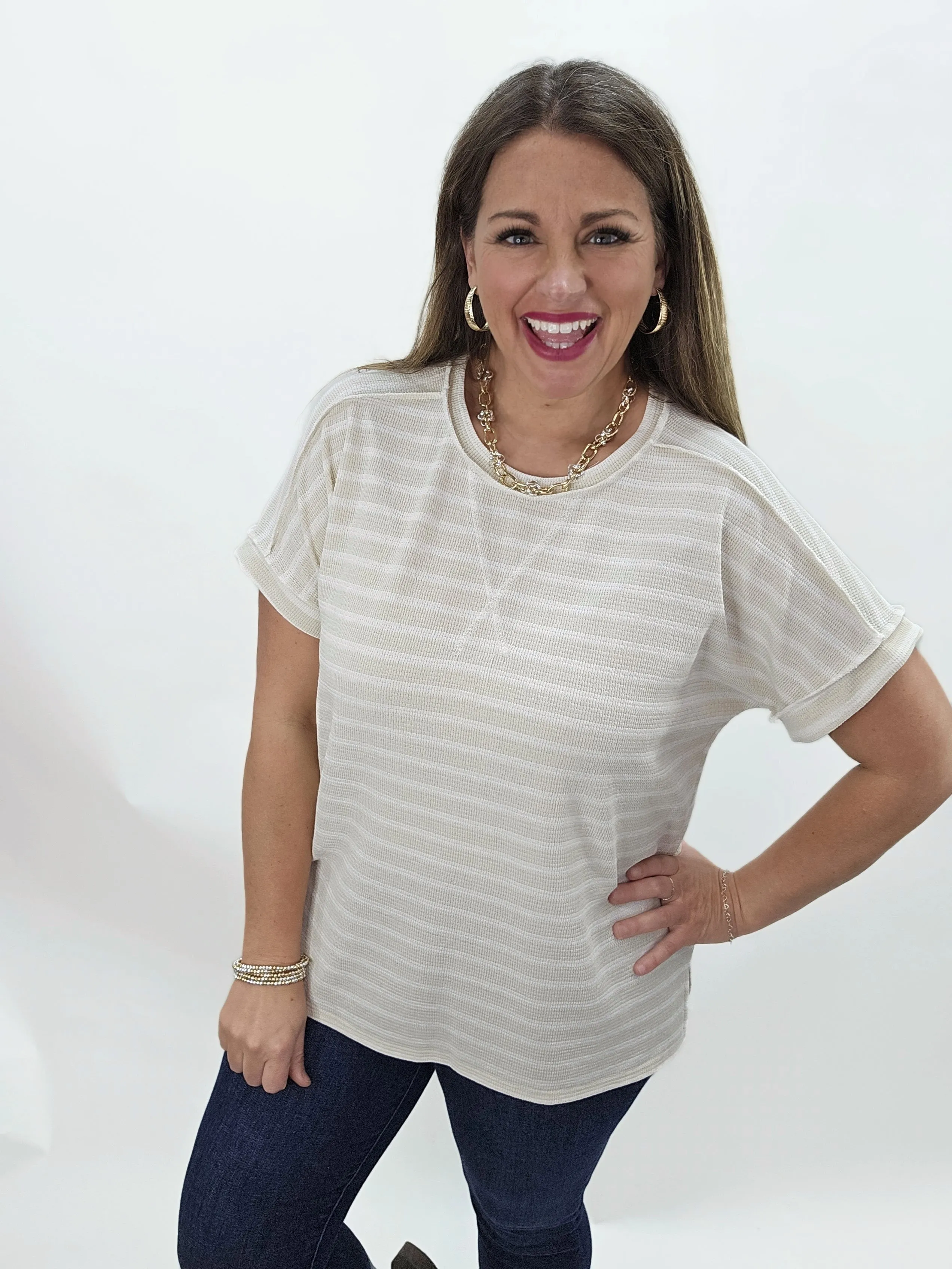 TAUPE STRIPED KNIT DROP SHOULDER SHORT SLEEVE TOP