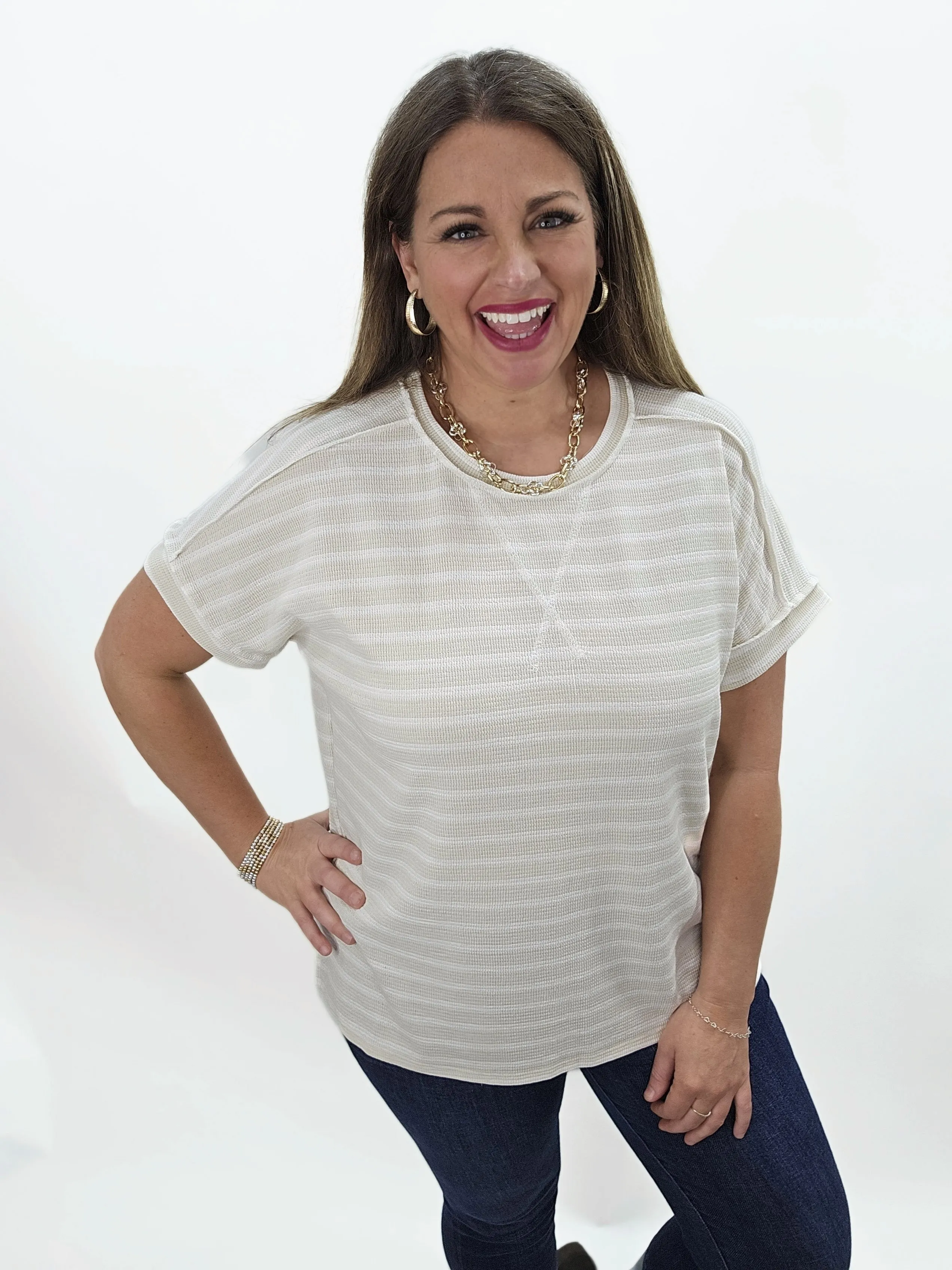TAUPE STRIPED KNIT DROP SHOULDER SHORT SLEEVE TOP
