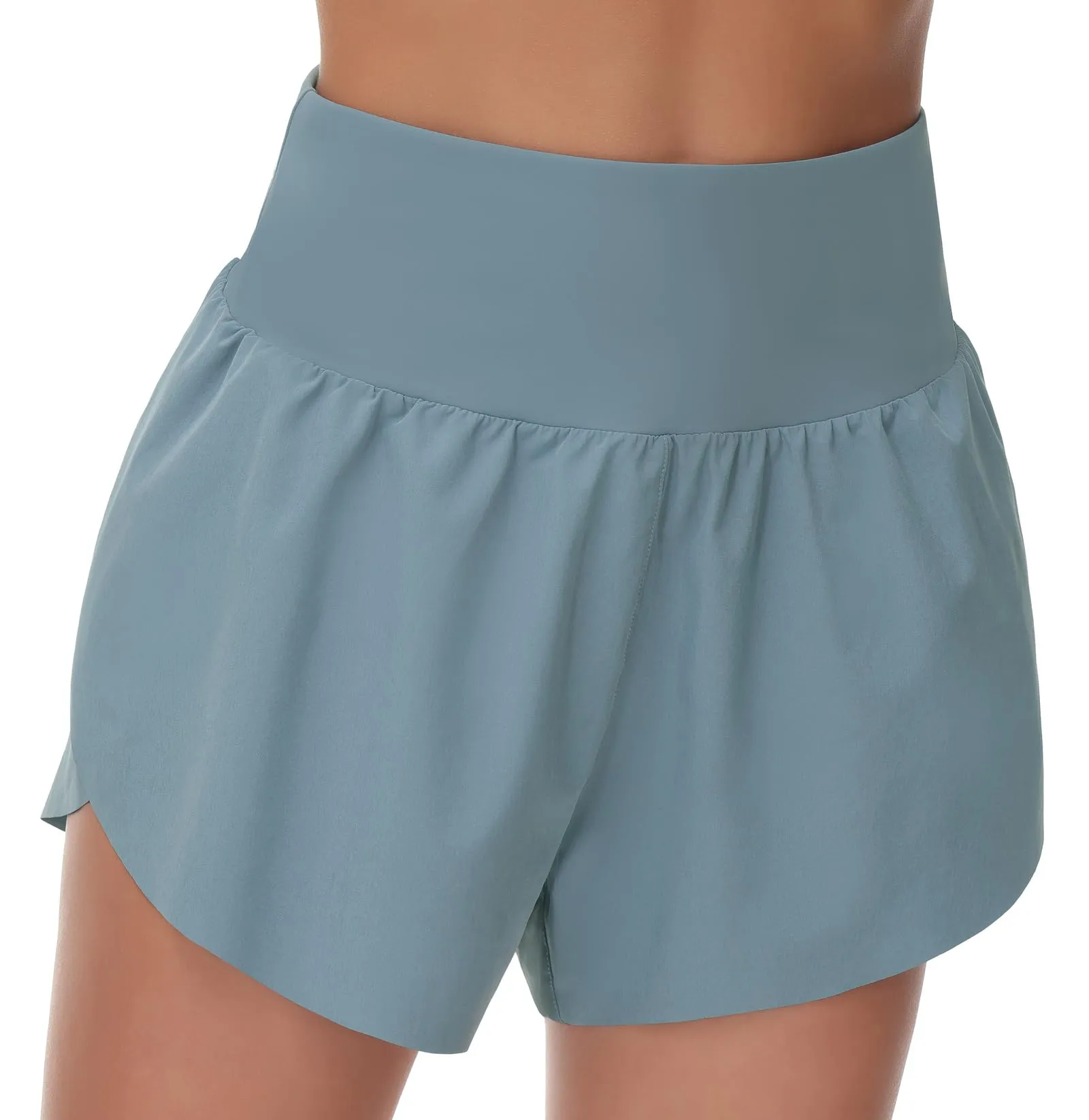 THE GYM PEOPLE Women's High Waisted Running Shorts Mesh Liner Side Split Workout Shorts Zipper Pocket Denim Blue