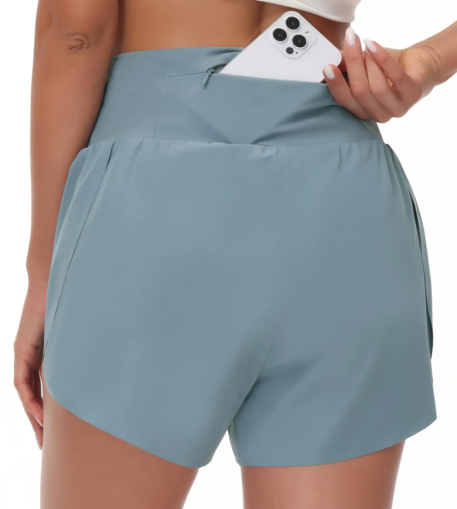 THE GYM PEOPLE Women's High Waisted Running Shorts Mesh Liner Side Split Workout Shorts Zipper Pocket Denim Blue