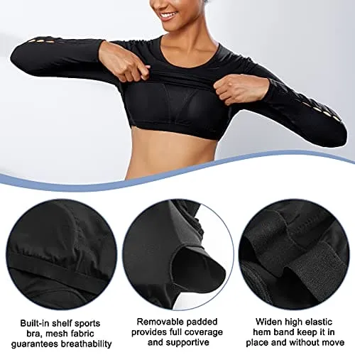TrainingGirl Women Cutout Workout Crop Tops Long Sleeves Open Back Yoga Shirts Slim Fit Gym Athletic Shirts with Built in Bra (Black, Large)