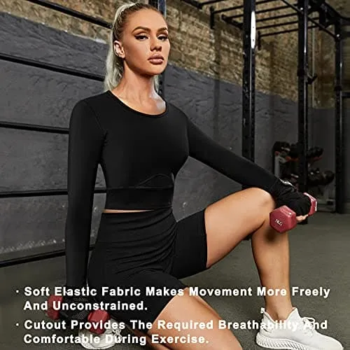TrainingGirl Women Cutout Workout Crop Tops Long Sleeves Open Back Yoga Shirts Slim Fit Gym Athletic Shirts with Built in Bra (Black, Large)