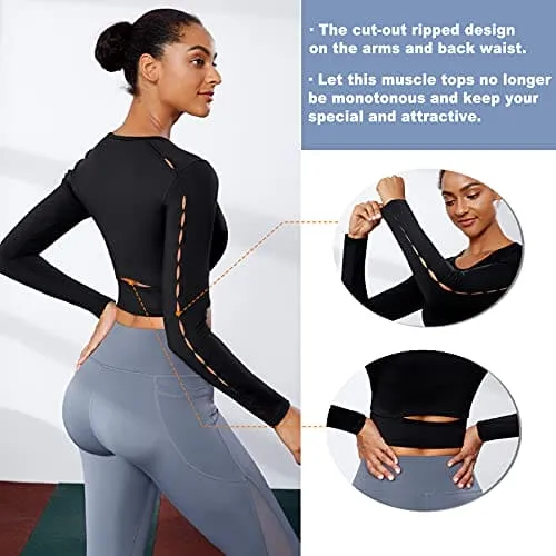 TrainingGirl Women Cutout Workout Crop Tops Long Sleeves Open Back Yoga Shirts Slim Fit Gym Athletic Shirts with Built in Bra (Black, Large)