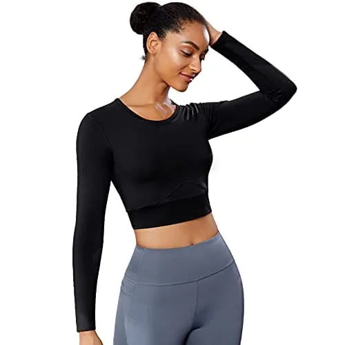 TrainingGirl Women Cutout Workout Crop Tops Long Sleeves Open Back Yoga Shirts Slim Fit Gym Athletic Shirts with Built in Bra (Black, Large)