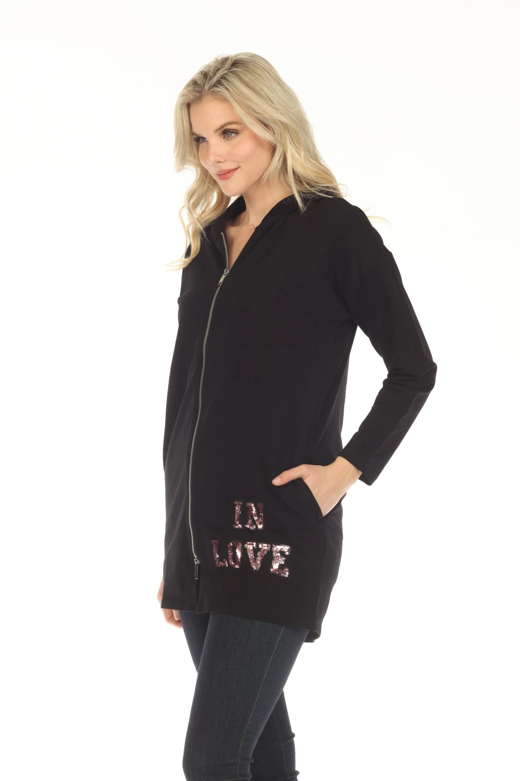 Tricotto Black Sequined Split Back Zip-Up Long Hooded Jacket C-130