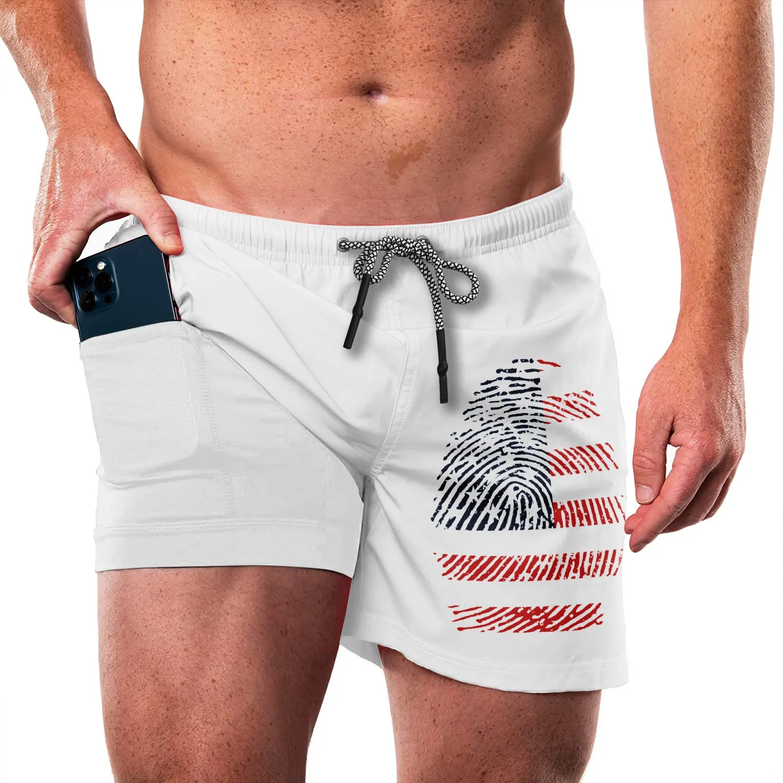 USA FLAG FINGERPRINT QUICKDRY POCKET 2 IN 1 7'' INSEAM RUNNING SHORTS