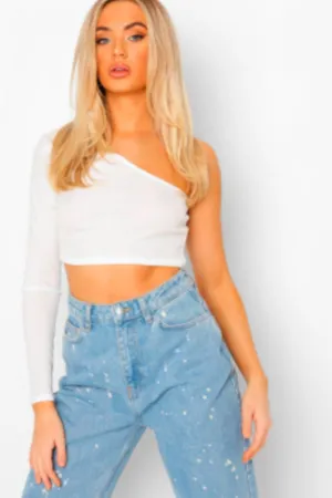 White One Shoulder Rib Basic Crop Top