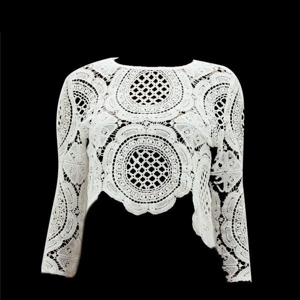 Women Lace Hollow Crop Tops Long Sleeve Shirts Zipper Tops