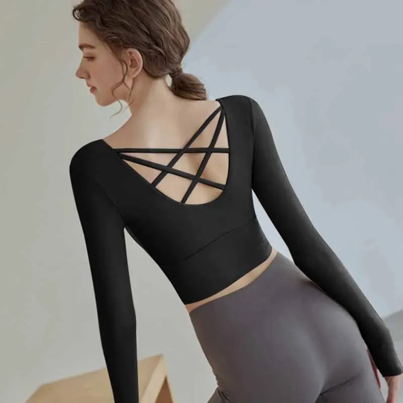 Women Long Sleeved Sports Shirt Cross Back Yoga Wear Running Crop Top Sportswear With Chest Pad Fitness Gym Top