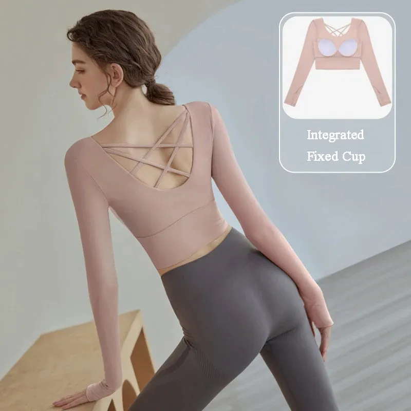 Women Long Sleeved Sports Shirt Cross Back Yoga Wear Running Crop Top Sportswear With Chest Pad Fitness Gym Top