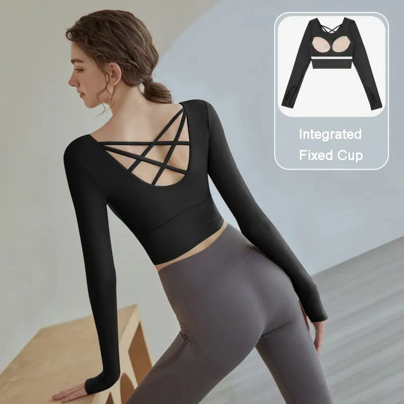 Women Long Sleeved Sports Shirt Cross Back Yoga Wear Running Crop Top Sportswear With Chest Pad Fitness Gym Top