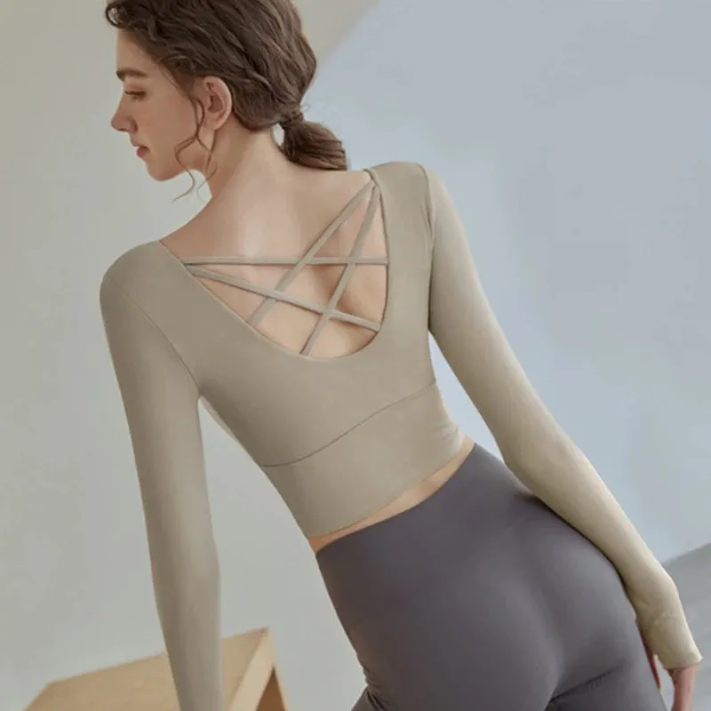Women Long Sleeved Sports Shirt Cross Back Yoga Wear Running Crop Top Sportswear With Chest Pad Fitness Gym Top