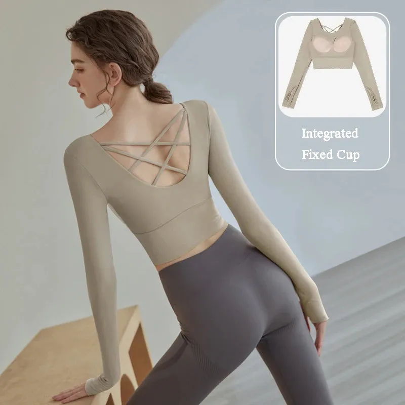Women Long Sleeved Sports Shirt Cross Back Yoga Wear Running Crop Top Sportswear With Chest Pad Fitness Gym Top
