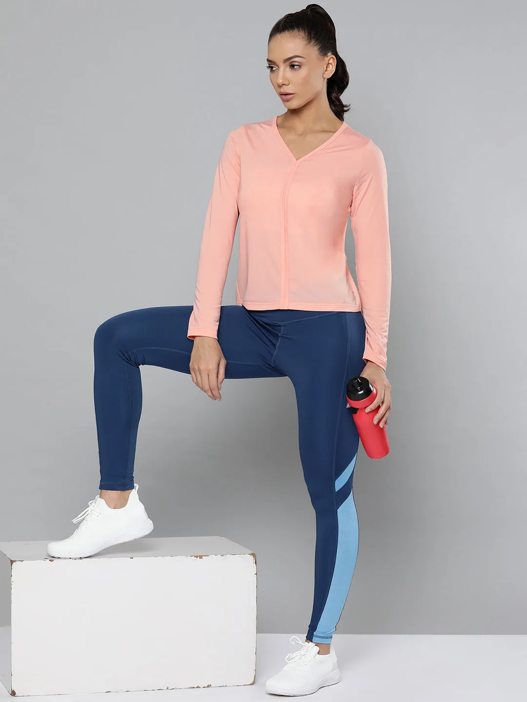 Women Peach V-Neck Slim Fit Training or Gym T-shirt