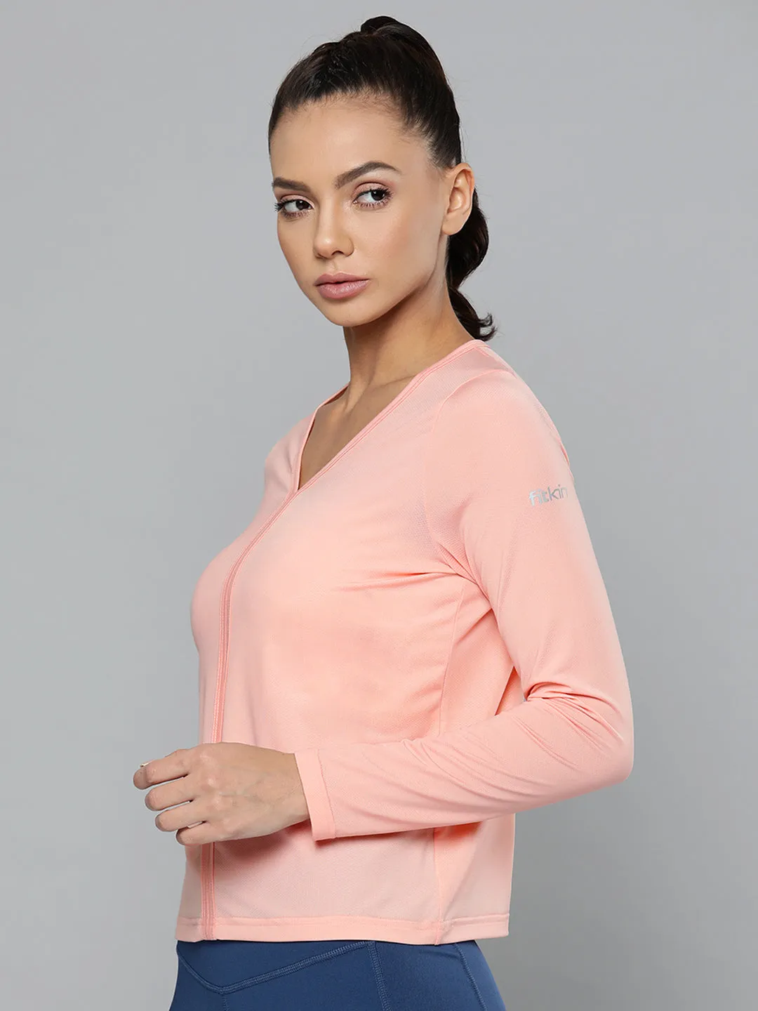 Women Peach V-Neck Slim Fit Training or Gym T-shirt
