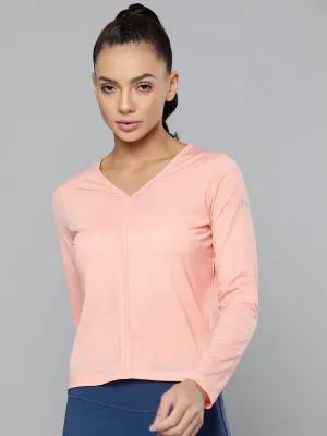 Women Peach V-Neck Slim Fit Training or Gym T-shirt