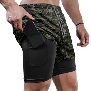 WOODLAND CAMO QUICKDRY POCKET 2 IN 1 7'' INSEAM RUNNING SHORTS