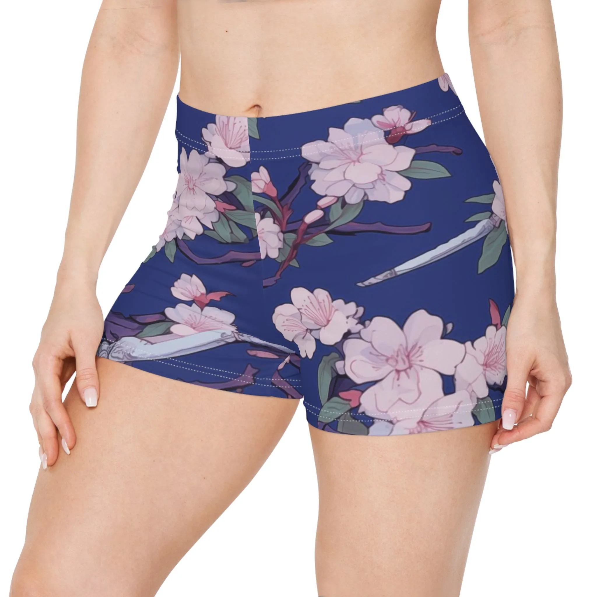 Workout Shorts - Astrid Matsyasana Katanas Cherry Blossoms
