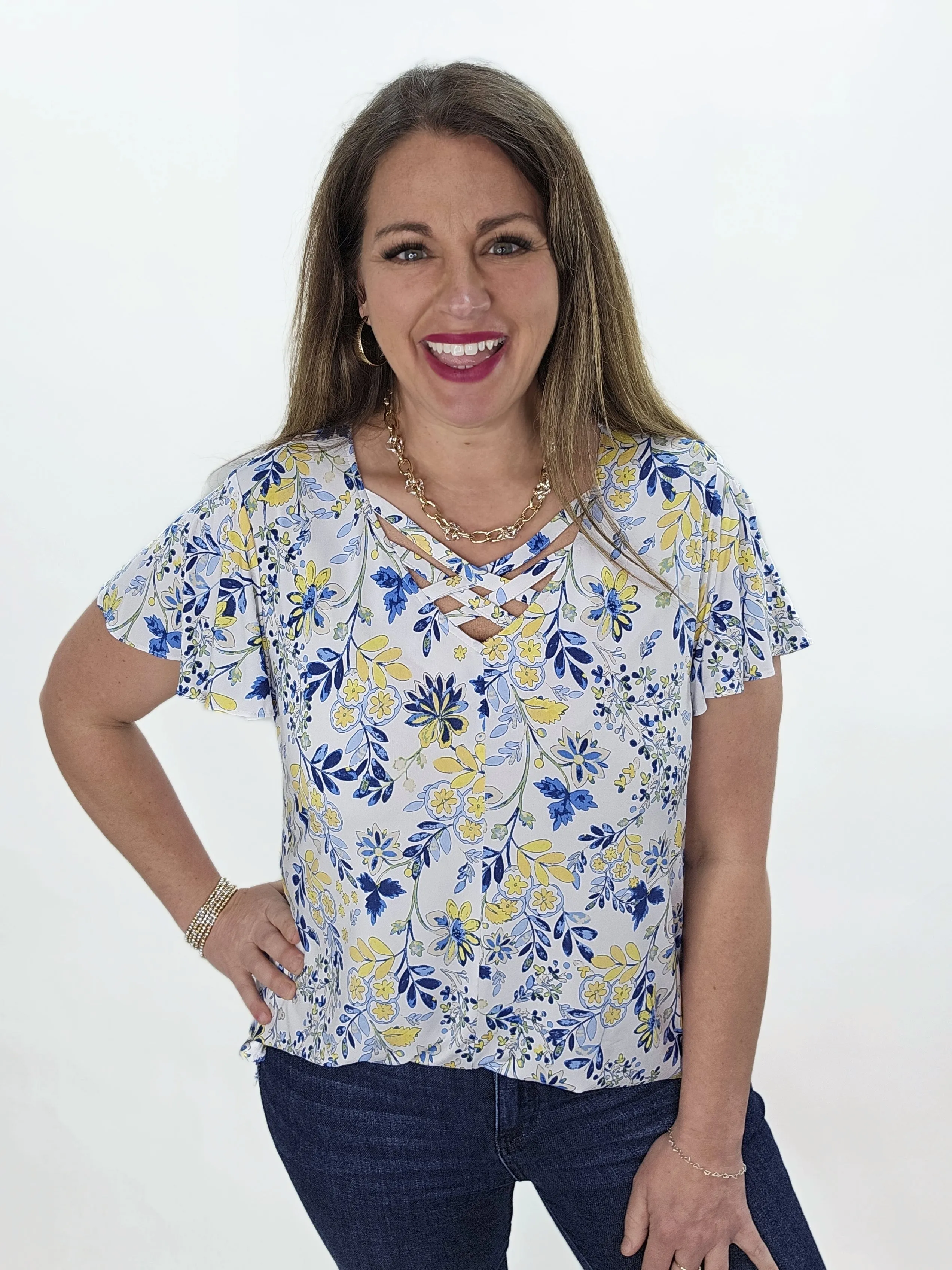 YELLOW/NAVY FLORAL CRISS CROSS TOP